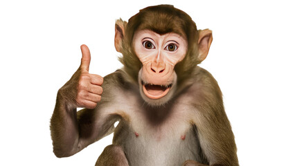  A monkey giving a thumbs up isolated on white background.