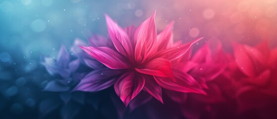 Obraz premium A pink bloom against a backdrop of blue and red, softened by a blurred, radiant light behind