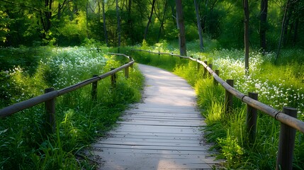 Peaceful Nature Pathway Surrounded by Lush Green Vegetation