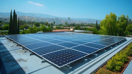 Solar Panels on Rooftop with Blue Sky and Mountain View.