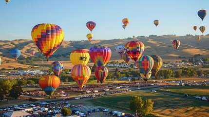 Fototapeta premium Photograph of a colorful hot air balloon festival, with dozens of balloons rising into the sky against a backdrop of rolling hills.