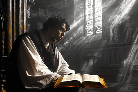 Aurelius Augustine, holy bishop of Christian religion, studies divine book with wind from church window.