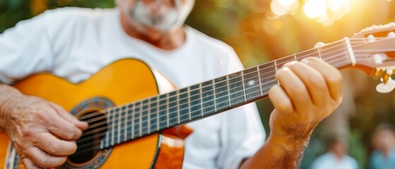 Obraz premium A tight shot of a person focusing on playing the guitar, surrounded by an out-of-focus backdrop of trees and onlookers