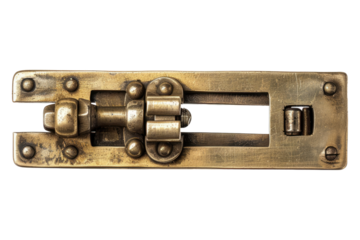 Brass door barrel bolt with padlock isolated on transparent background