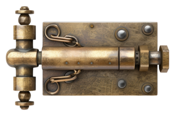 Brass door barrel bolt with padlock isolated on transparent background