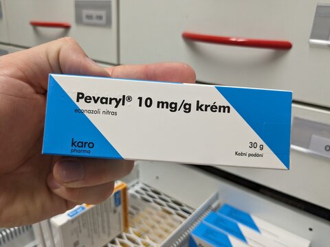 Prague, Czech Republic - July 13, 2024: PEVARYL cream with ECONAZOLE active substance by JANSSEN, used for treating fungal infections.