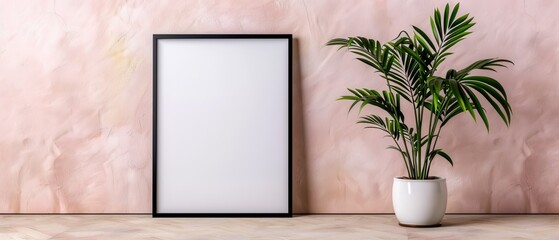  A plant in a white vase, positioned next to a pink wall A black-framed picture hangs on the wall beside it