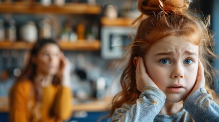 Upset red-haired girl covering her ears while her mother is in the background, blurred. Family conflict or stress concept in a home setting.