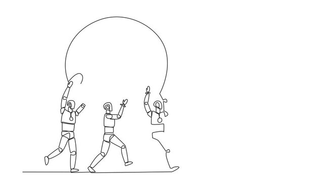 Self drawing animation single one line drawing group of robots work together carrying a dollar symbol coin. Add little capital to makes perfect. Amazing artificial intelligence. Full length animated