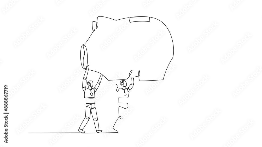 Poster self drawing animation of single continuous line drawing group of robots work together carrying a pi