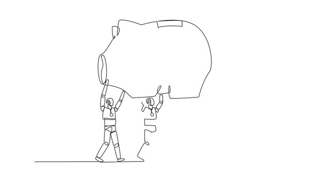 Self drawing animation of single continuous line drawing group of robots work together carrying a piggy bank. Reminding the importance of investment. Future technology concept. Full length animated