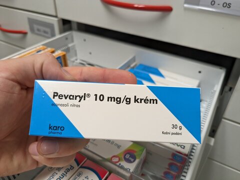 Prague, Czech Republic - July 13, 2024: PEVARYL cream with ECONAZOLE active substance by JANSSEN, used for treating fungal infections.