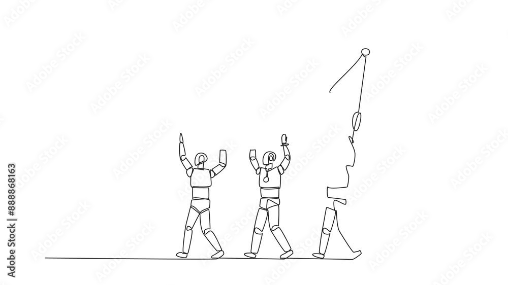 Poster self drawing animation continuous one line drawing group of robots work together to carrying crown. 