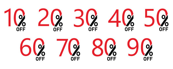 Discount icon set with different sale percentage, 10, 20, 30, 40, 50, 60, 70, 80 and 90 percent off sale discount tag, label vector illustration isolated on white background.