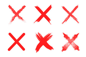 Red X marks set. Vector brush strokes. Bold cross symbols. Hand drawn red crosses.