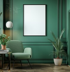 Elegant room with white poster frame and green plants, blending classic and modern elements.