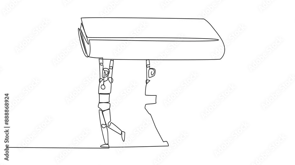 Poster animation of single one line drawing of a group of robots working together carrying a book. implemen