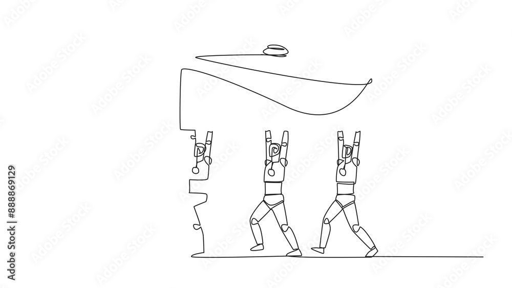 Poster self drawing animation of continuous one line drawing a group of robots work together carrying safe 