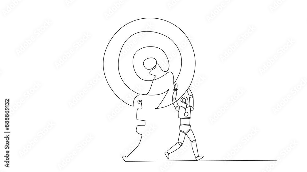 Poster animated self drawing of single continuous line drawing group of robots work together carrying arrow