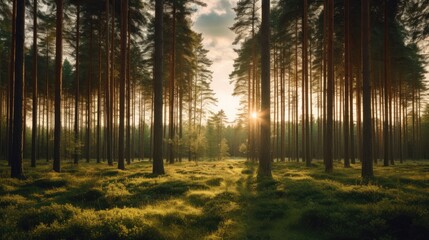 Fototapeta premium Photograph of a serene pine forest bathed in the warm hues of a setting sun, with long shadows stretching across the forest floor