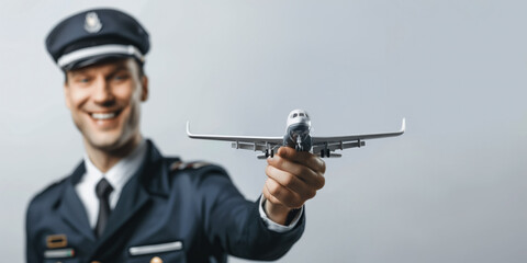 Fototapeta premium Smiling pilot in uniform and cap holding a small model airplane, symbolizing passion for aviation and professionalism
