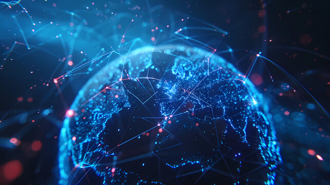 Abstract digital globe with glowing connection lines, global network and connectivity concept background