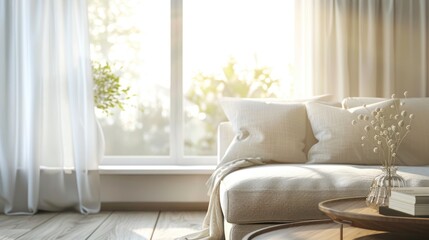 Fototapeta premium Bright living room with sofa and table up close amid blurred backdrop