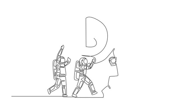 Self drawing animation of single continuous line drawing group of astronauts work together carrying a dollar symbol coin. A fruitful expedition. Savings for the next expedition. Full length animated