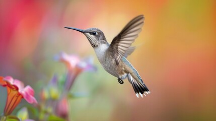 Fototapeta premium Photograph of a tiny hummingbird hovering in mid-air, its delicate wings beating rapidly as it sips nectar from a flower, showcasing the wonders of nature's smallest bird.