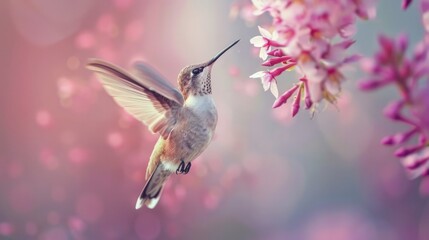 Fototapeta premium Photograph of a tiny hummingbird hovering in mid-air, its delicate wings beating rapidly as it sips nectar from a flower, showcasing the wonders of nature's smallest bird.