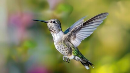 Obraz premium Photograph of a tiny hummingbird hovering in mid-air, its delicate wings beating rapidly as it sips nectar from a flower, showcasing the wonders of nature's smallest bird.
