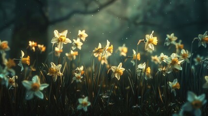Daffodils illuminated in soft light