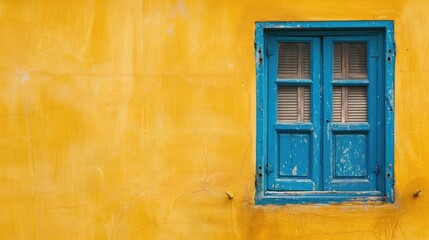 Decorated blue window on yellow wall with space for text and design