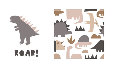 Cute dinosaur in cartoon style. Bold, simple form, trendy colors. Childish flat vector illustration. Dino seamless pattern © NadezdaBarkova