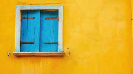 Decorated blue window on yellow wall with space for text and design