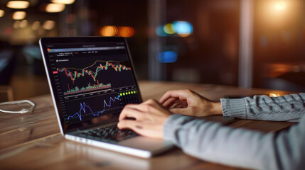 Financial advisors of Indian descent, discussing stock market strategies on a laptop in a modern business environment.