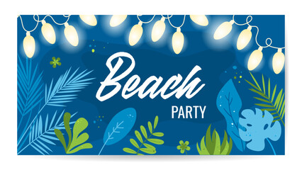 Beach Summer Party Tropical holiday banner with palms, leaves and hanging party lights. Beach party text, card for summer holiday season event. Jungle exotic invitation, banner, flyer, advertisement