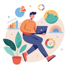 colorful modern flat illustration of a man who enjoys the work