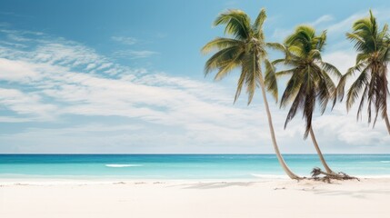 Obraz premium Photograph of a vibrant summer scene with towering palm trees swaying gently in the breeze on a pristine Mexican beach, with turquoise waters and soft white sand