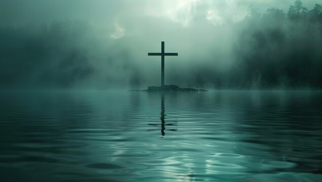 A large Christ wooden cross silhouette in water submerged in a lake with foggy background. 