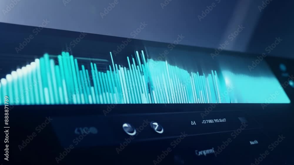 Poster This close up of a computer screen showing a blue and green audio spectrum visualizer.