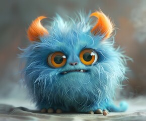 Cute blue fluffy cartoon character monster. A funny fictional animal.