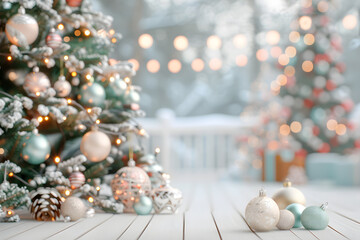 Magical Christmas background with decorated trees, sparkling ornaments, and festive lights. Joy and celebration of the holiday season with a red, green, and gold color scheme, festive events.