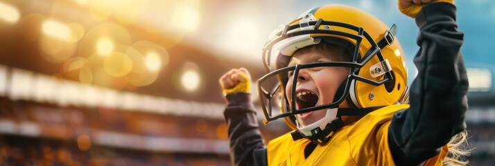Young child sports fan celebrates victory in oversized football helmet and vibrant yellow jersey, arms raised high in excitement, amidst blurred stadium background filled with enthusiastic spectators.