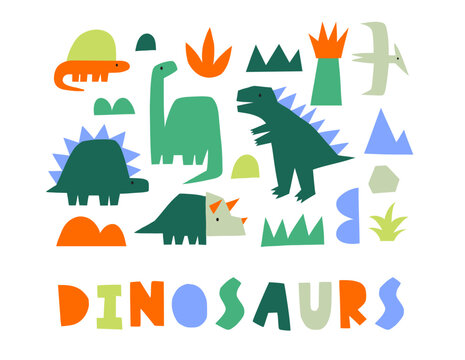 Cute dinosaur in cartoon style. Bold, simple form, trendy colors. Childish flat vector illustration