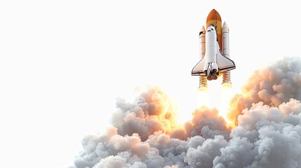 Space shuttle launching 3D rocket in space and cloud growth concept Isolated on white and transparent background. AI created on a white background.
