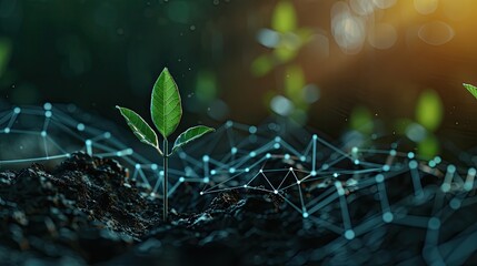 the chart, a seedling represents investment growth. Modern illustration of startup financial projections with futuristic polygon shapes.