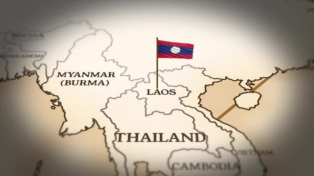 Laos flag showing on world map with 3D rendering