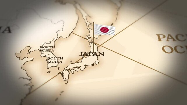 Japan flag showing on world map with 3D rendering