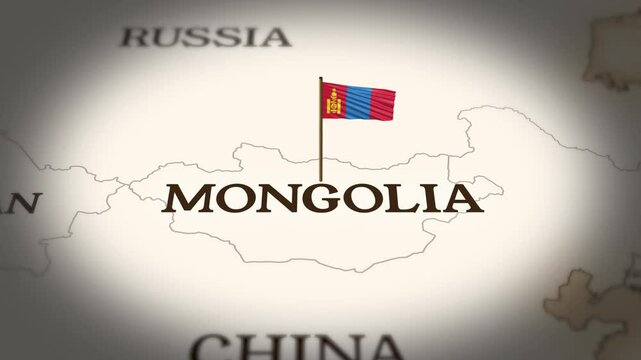 Mongolia flag showing on world map with 3D rendering